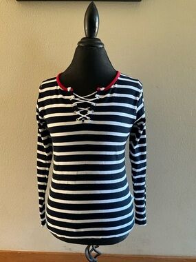 Hublot brand French mariner stripe Navy & White Striped Lace-Up Long Sleeve Top